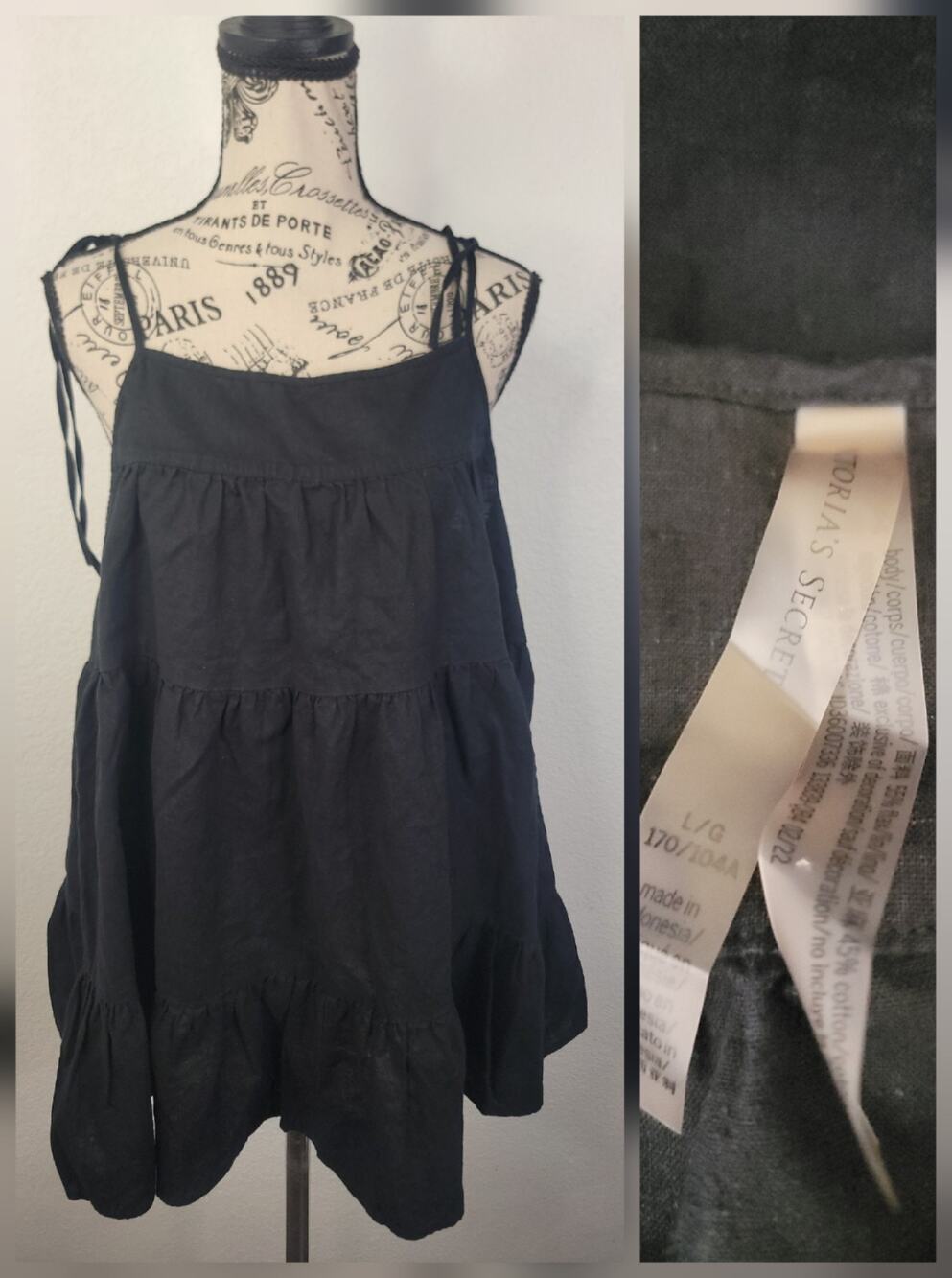 Victorias Secret Mini Dress L Linen Blend Black Tiered Beachy Boho Euro Summer